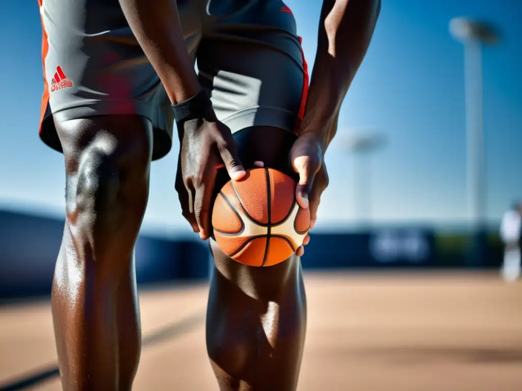 Knee inflammation in basketball player - Omega-3 solution Detallado primer plano de la rodilla de un jugador de baloncesto con leve inflamación, destacando beneficios omega 3 reducción inflamación