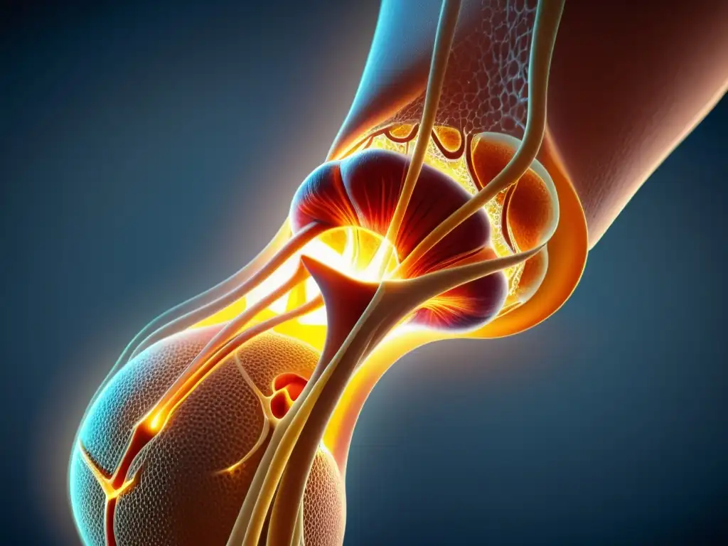 Anatomía detallada de la rodilla del jugador de baloncesto Detalle en alta resolución de la anatomía de la rodilla de un jugador de baloncesto, resaltando áreas susceptibles a la inflamación