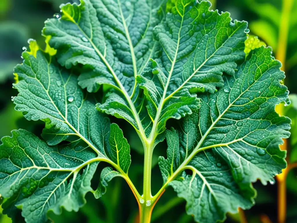 Fotografía detallada de una hoja de col rizada con gotas de agua Detalle asombroso de hoja de col rizada con agua brillante, iluminada por el sol