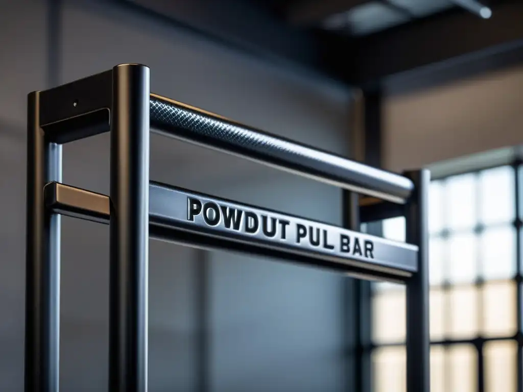 Barra de dominadas de acero resistente: detalle y elegancia Detalle de barra de dominadas resistente de acero con acabado en polvo, en un gimnasio industrial con iluminación tenue