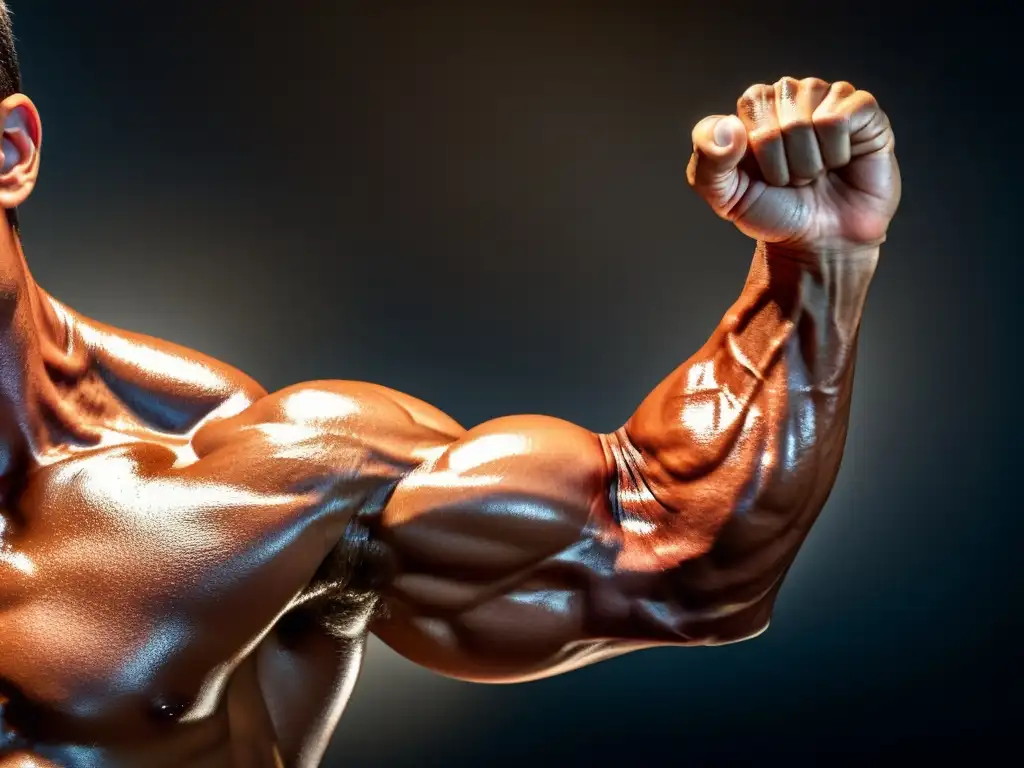 Brillo y tensión: Brazo musculoso en primer plano Detalle de un brazo musculoso con gotas de sudor, destacando la fuerza