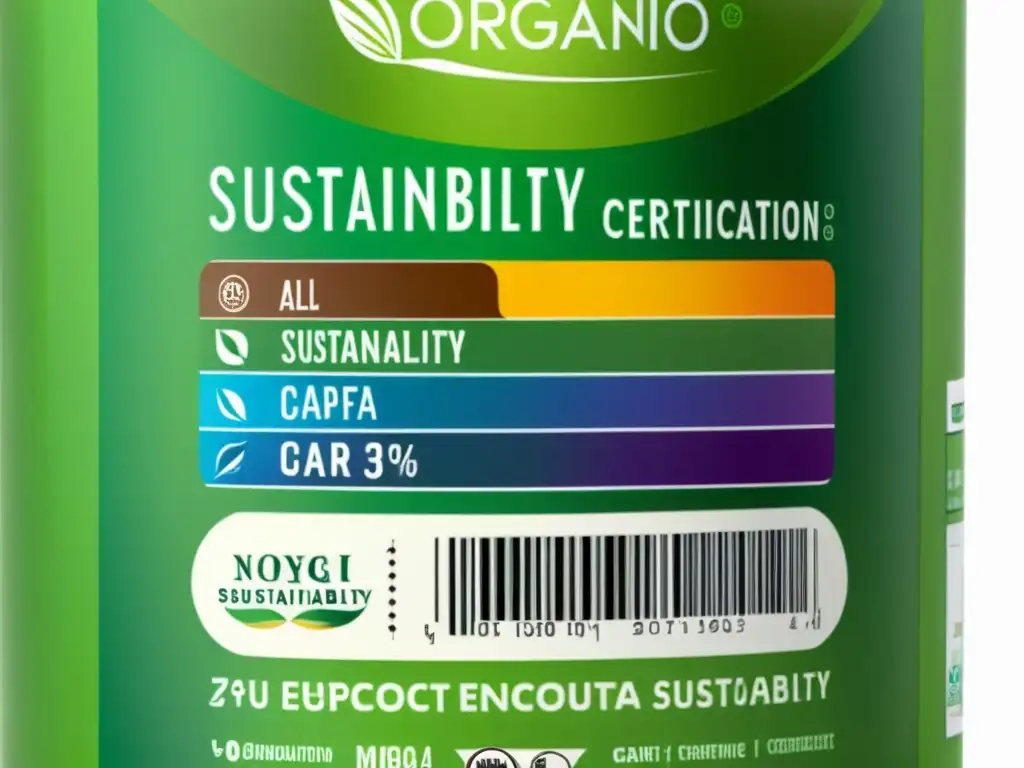Etiquetado de producto con certificaciones de sostenibilidad Detalle de etiqueta de producto de nutrición deportiva con certificaciones de impacto ambiental en diseño vibrante y moderno