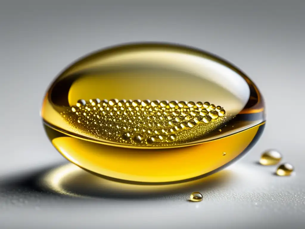 Omega 3 Puro: Captura de Aceite de Pescado Detalle impresionante de cápsula de omega 3 siendo exprimida, resaltando beneficios omega 3 reducción inflamación