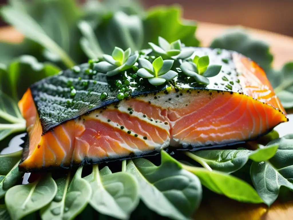 Detalle de salmón jugoso sobre hojas de kale, alimentos ricos en Omega 3 para recuperación muscular