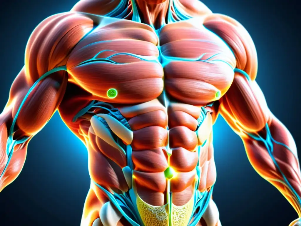 Glutamina: Impacto en la recuperación muscular Detalle del sistema muscular con efectos de la glutamina para recuperación muscular: fibras musculares, células y procesos bioquímicos