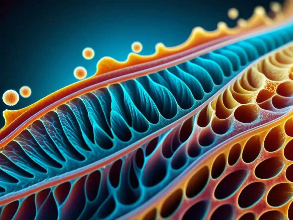 Fibras musculares en microscopio: detalle ultradefinido Detalle vibrante de fibras musculares bajo microscopio, resaltando la red intrincada de células musculares estriadas y la interacción de proteínas