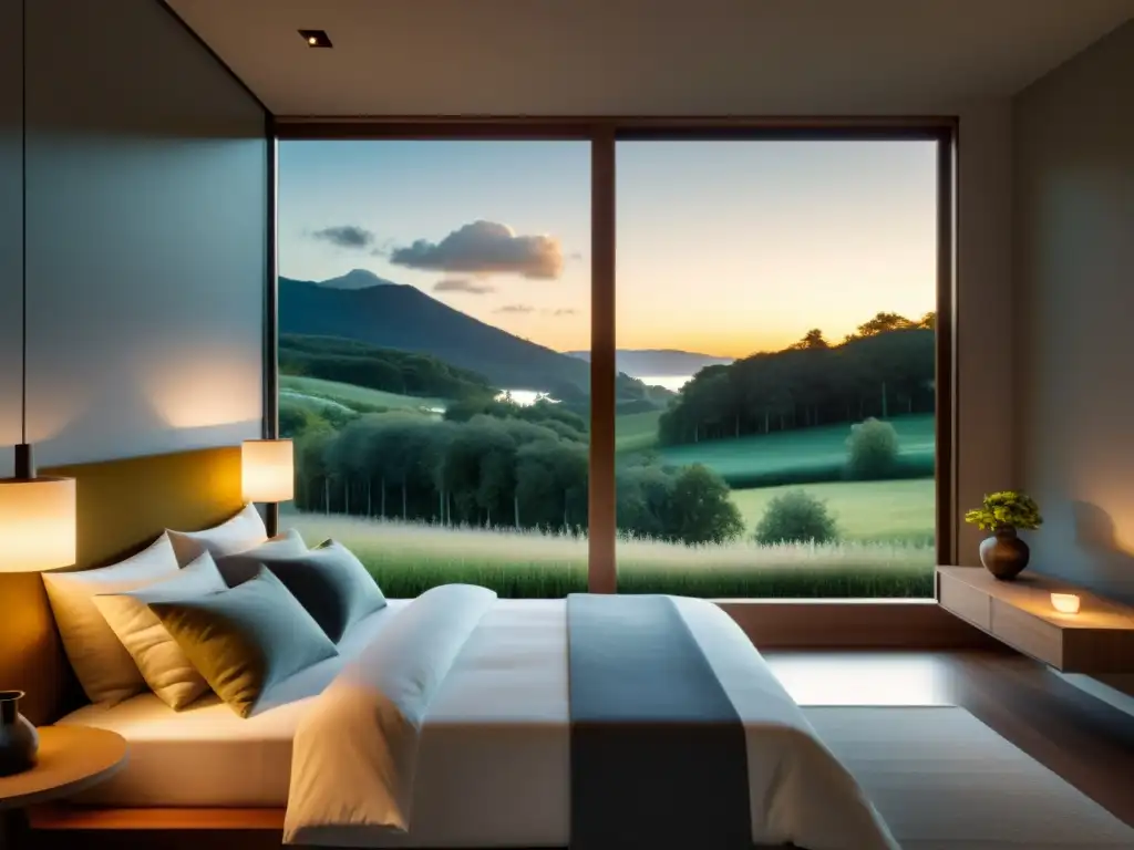 Tranquilo dormitorio minimalista con melatonina y paisaje natural Un dormitorio moderno y sereno con suplementación de melatonina para recuperación deportiva, iluminado por una lámpara cálida con vistas a un paisaje natural pacífico, ideal para descansar y relajarse