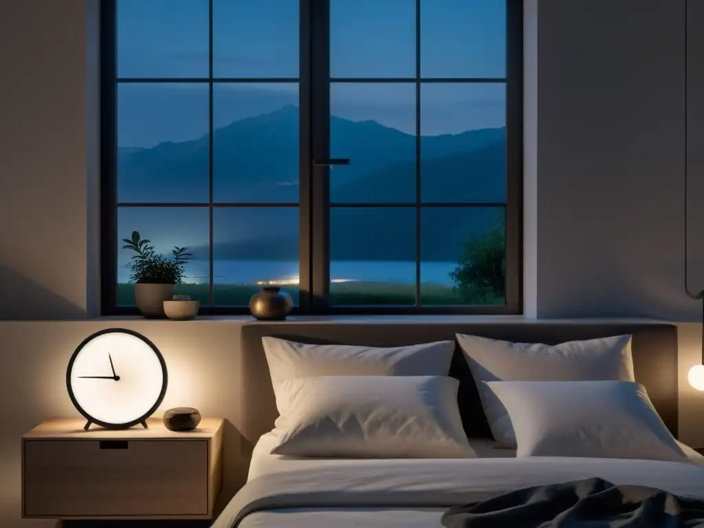 Escena nocturna de serenidad en un dormitorio minimalista Un dormitorio sereno iluminado por la luz de la luna, con una cama ordenada y un reloj digital que marca las 11:45 PM