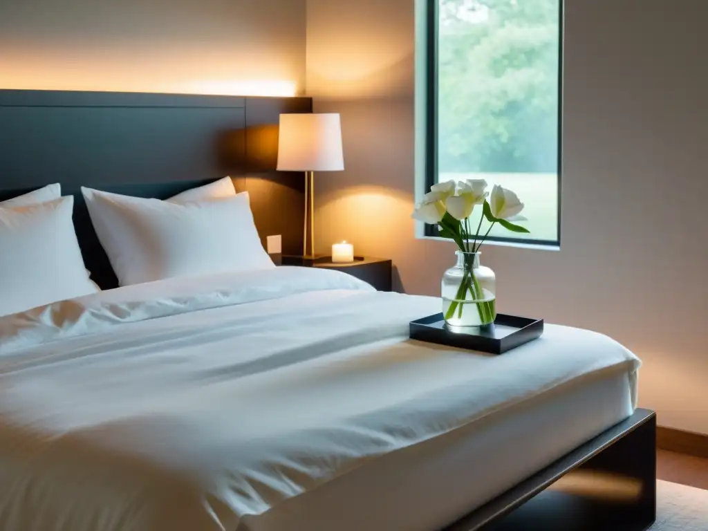 Suite de descanso con suplementos para dormir Un dormitorio sereno y moderno con cama cómoda y lujosa