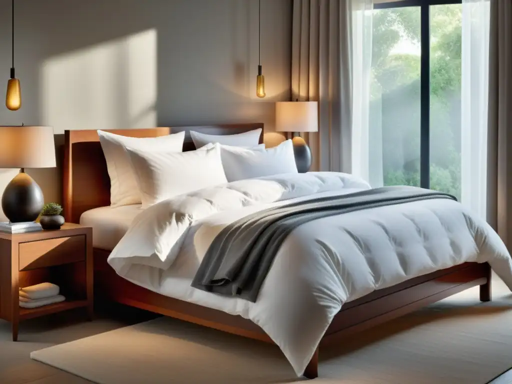 Un elegante y acogedor dormitorio con una cama impecablemente hecha, bañada por suave luz natural