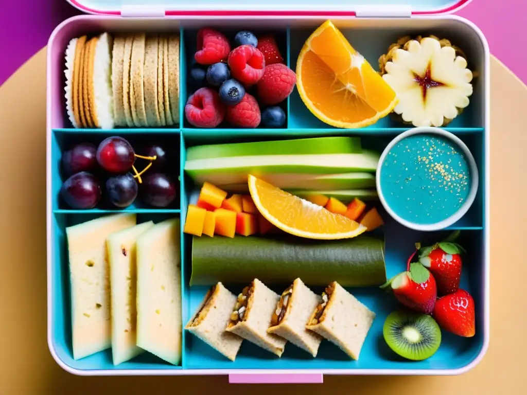 Bento box energético: frutas, barras y wraps vibrantes Un elegante bento box con snacks para largas tiradas entrenamiento, con frutas frescas, barras energéticas, wraps y crackers integrales