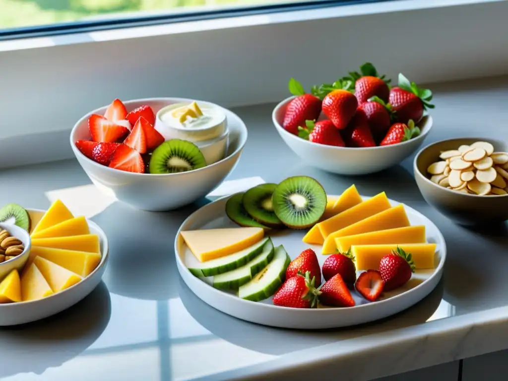 Snacks saludables para nutrición deportiva Un elegante y moderno mostrador de cocina con una variedad de coloridos y nutritivos snacks estratégicos para nutrición deportiva