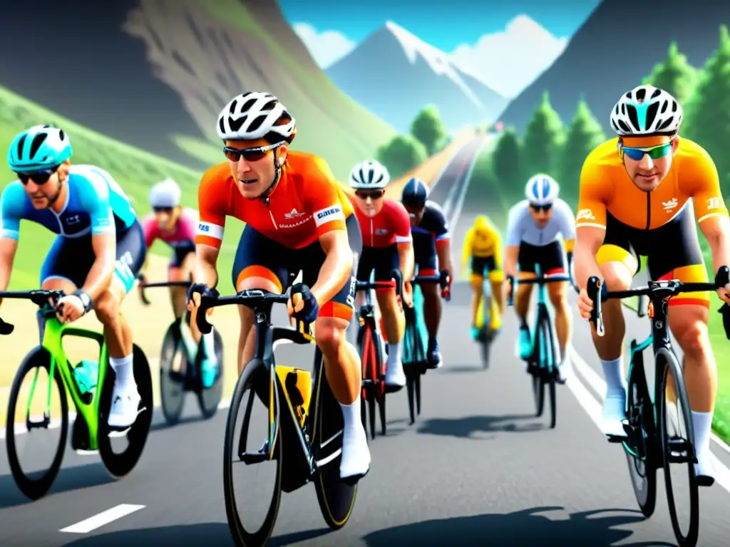 Épica carrera virtual de ciclismo en Zwift Un emocionante simulador de carrera de ciclismo en Zwift, con paisajes vibrantes y realistas, y ciclistas motivados