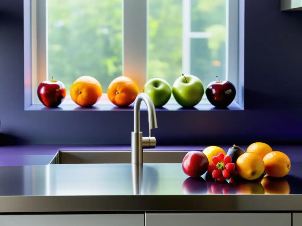 Encantadora cocina con frutas y verduras frescas y equipo de ciclismo Una encantadora cocina con frutas y verduras coloridas resaltadas por la luz natural