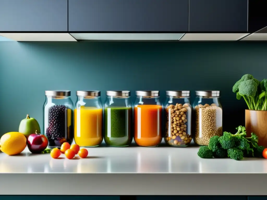 Encuentra tu vitalidad: Nutrientes para atletas Encantadora cocina llena de frutas, verduras, nueces y semillas organizadas en frascos de vidrio