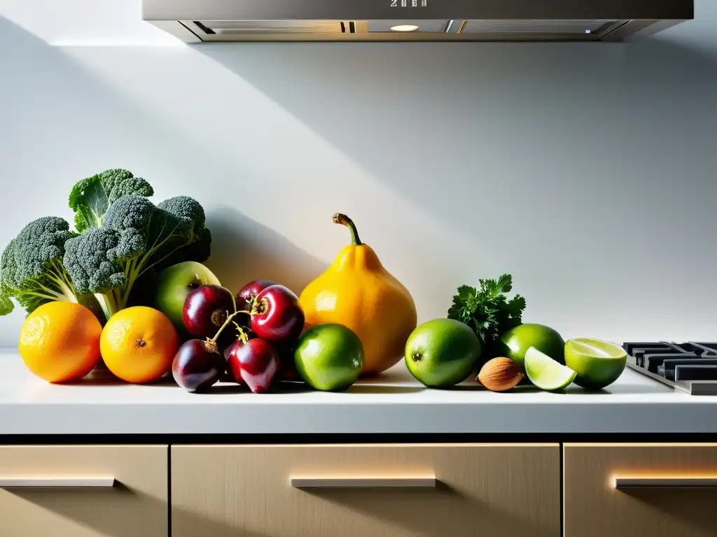 Frescura y color: Detalles de cocina con frutas y verduras Una encimera de cocina moderna con alimentos para mejorar concentración deportiva