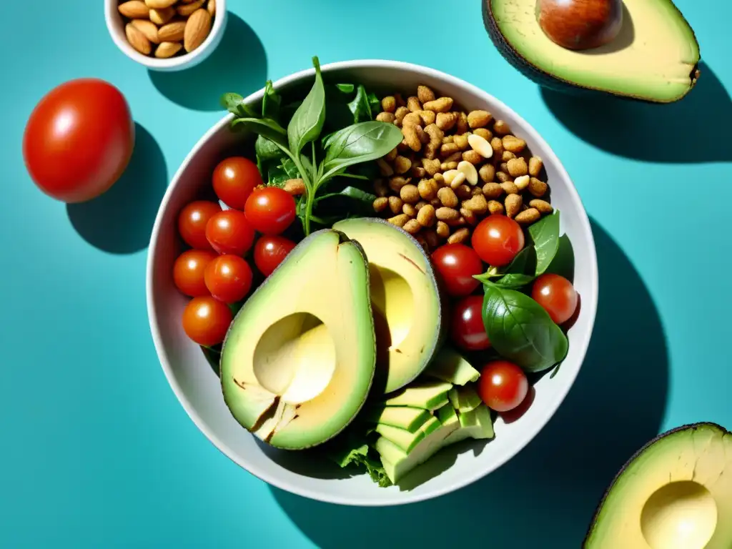 Ensalada fresca y vibrante con ingredientes nutrientes Una ensalada vibrante y colorida con ingredientes frescos y nutrientes esenciales para competición deportiva