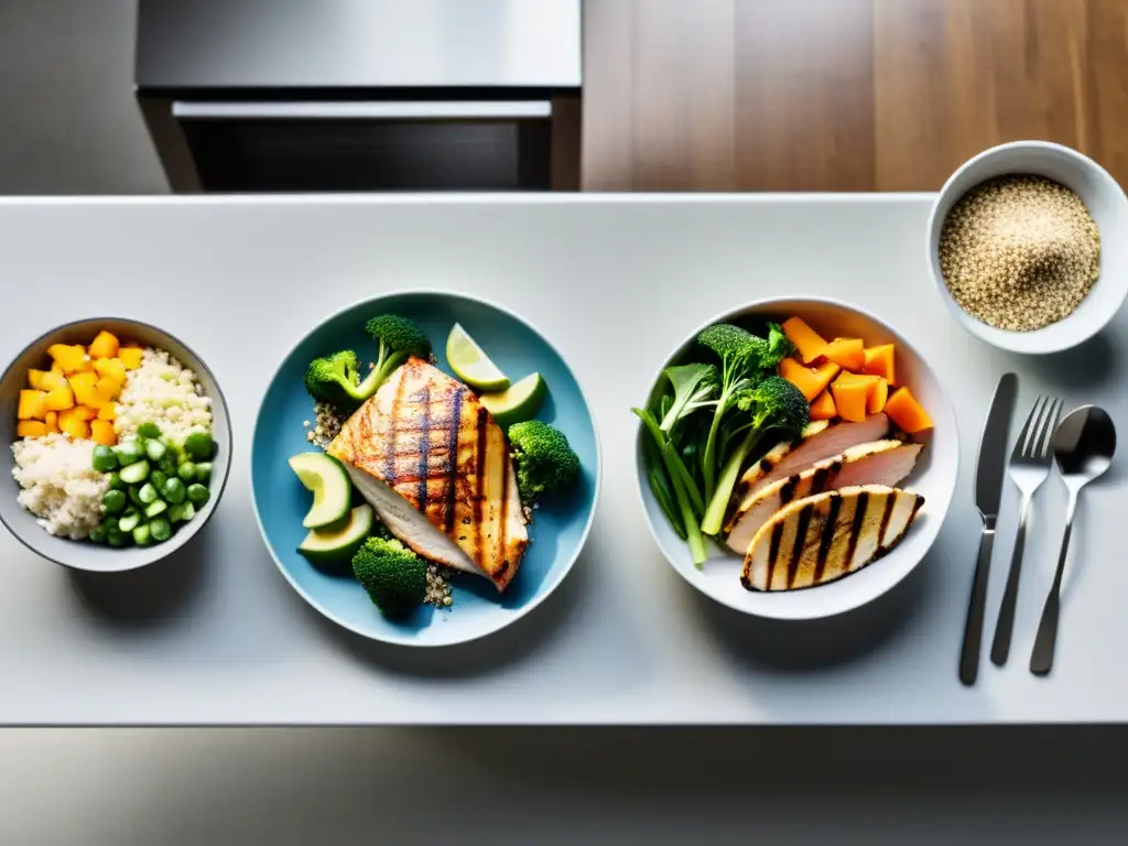 Comida preentrenamiento equilibrada y vibrante Un equilibrado y colorido plan de comidas para karate, con ingredientes frescos y energía palpable en una cocina moderna y elegante
