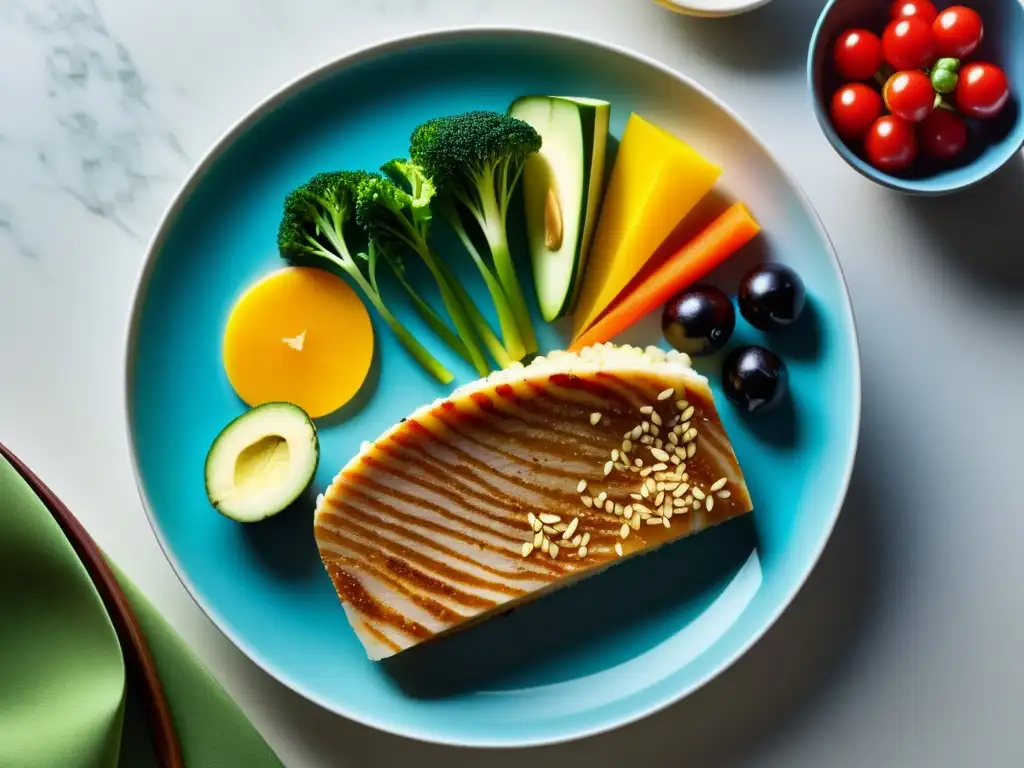 Comida balanceada para karateca: vibrantes colores y texturas Un equilibrado y vibrante plato de comida para karate, con vegetales coloridos, proteínas magras y carbohidratos complejos