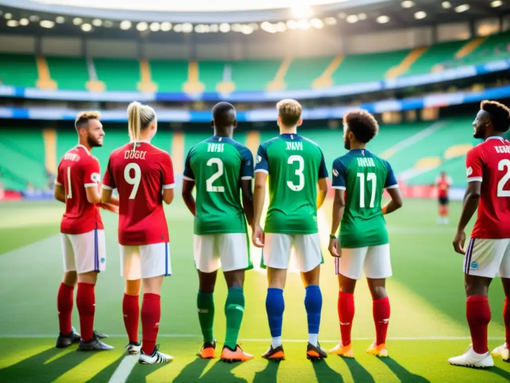 Atletas profesionales listos para el juego en estadio moderno Equipo de atletas profesionales en el campo de fútbol, listos con nutrición deportiva para ganar energía, rodeados de fans animados en el estadio