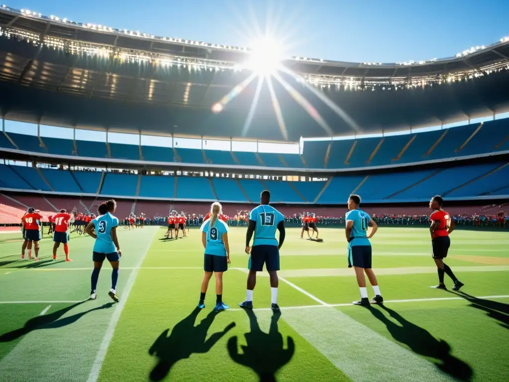 Equipo de atletas en dinámico calentamiento Un equipo de atletas en uniformes coloridos realizando un calentamiento dinámico en un campo verde, rodeados de luces de estadio vibrantes