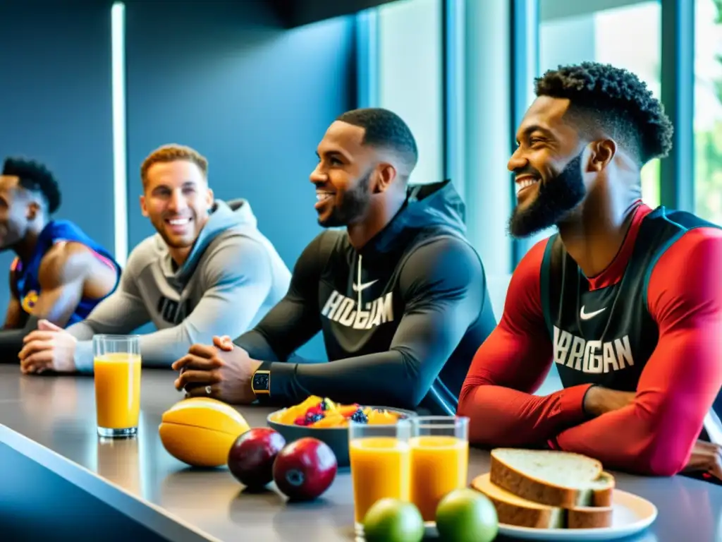 Desayuno de alto rendimiento para jugadores de baloncesto Equipo de baloncesto disfruta desayunos de alto rendimiento en ambiente energético y saludable