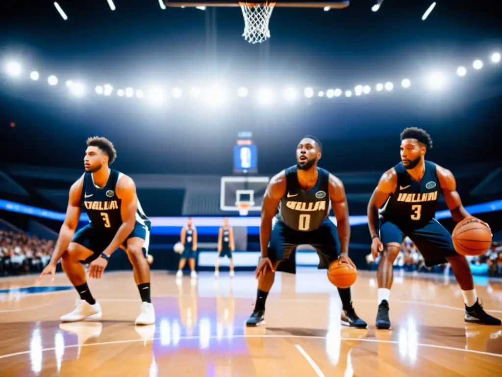 Intenso calentamiento de jugadores de baloncesto profesional en la cancha Equipo de baloncesto profesional en intenso calentamiento, muestra determinación en la cancha