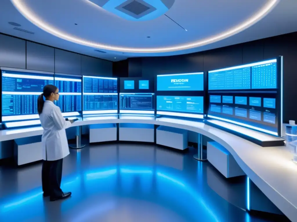 Lab nutrición deportiva futurista: investigación genética de vanguardia Equipo de científicos analizando muestras de ADN en un laboratorio de nutrición deportiva avanzada nutrigenómica, bañado en luz azul futurista