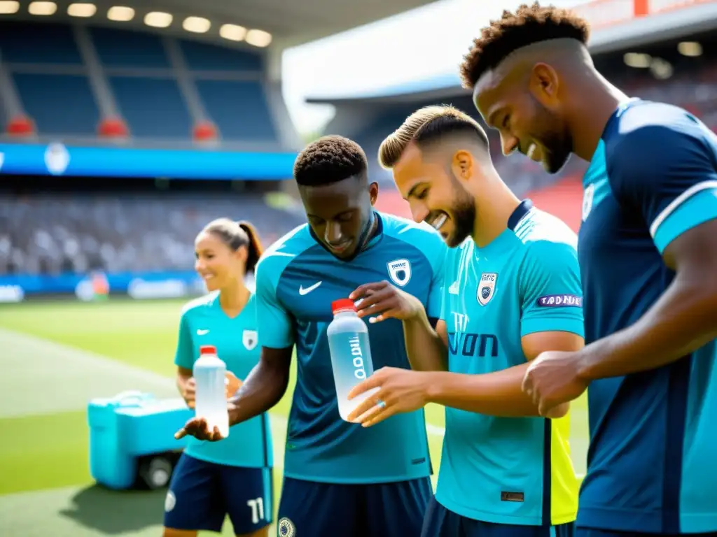 Equipo de fútbol profesional hidratándose en el estadio Equipo de fútbol profesional hidratándose en el estadio, con botellas modernas