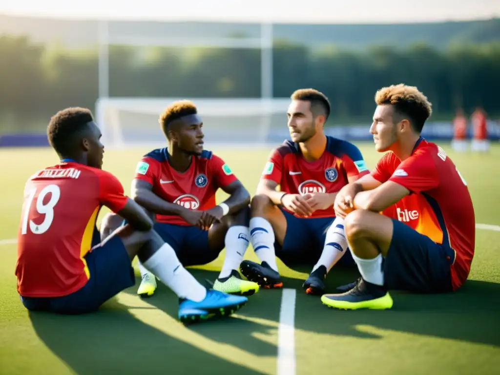 Equipo de fútbol profesional reponiendo energías al atardecer Equipo de futbolistas profesionales rehidratándose y consumiendo barras energéticas y frutas al atardecer