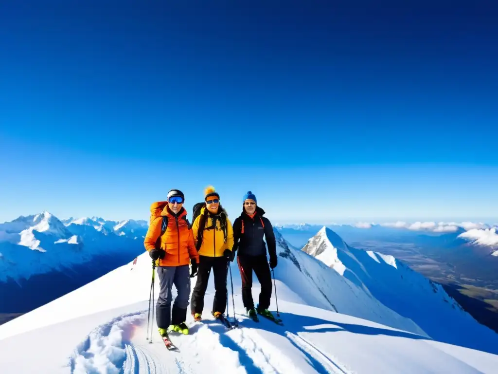 Triunfo en la cumbre: atletas de invierno en acción Equipo de invierno en cima nevada, mirando triunfantes el paisaje, evocando la nutrición deportiva para deportes de invierno