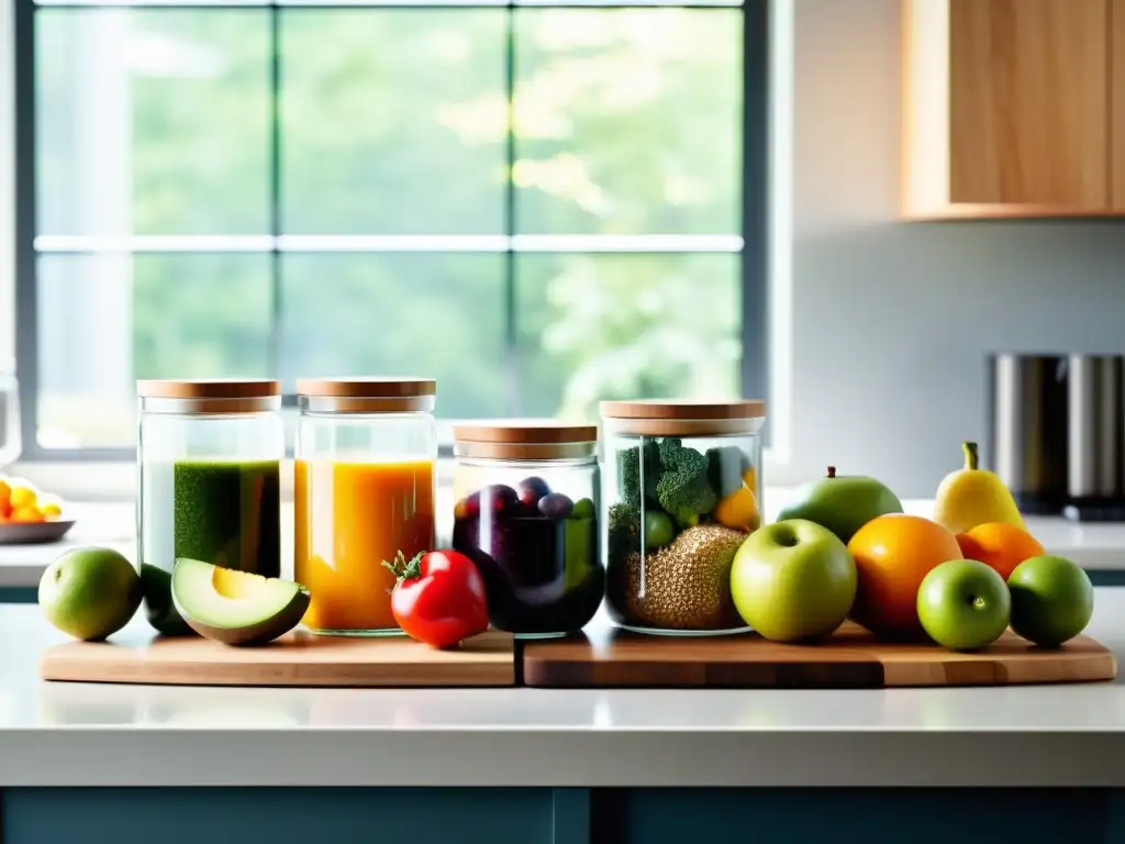 Escena vibrante de nutrición post-entrenamiento Una escena de cocina moderna con alimentos coloridos y frescos