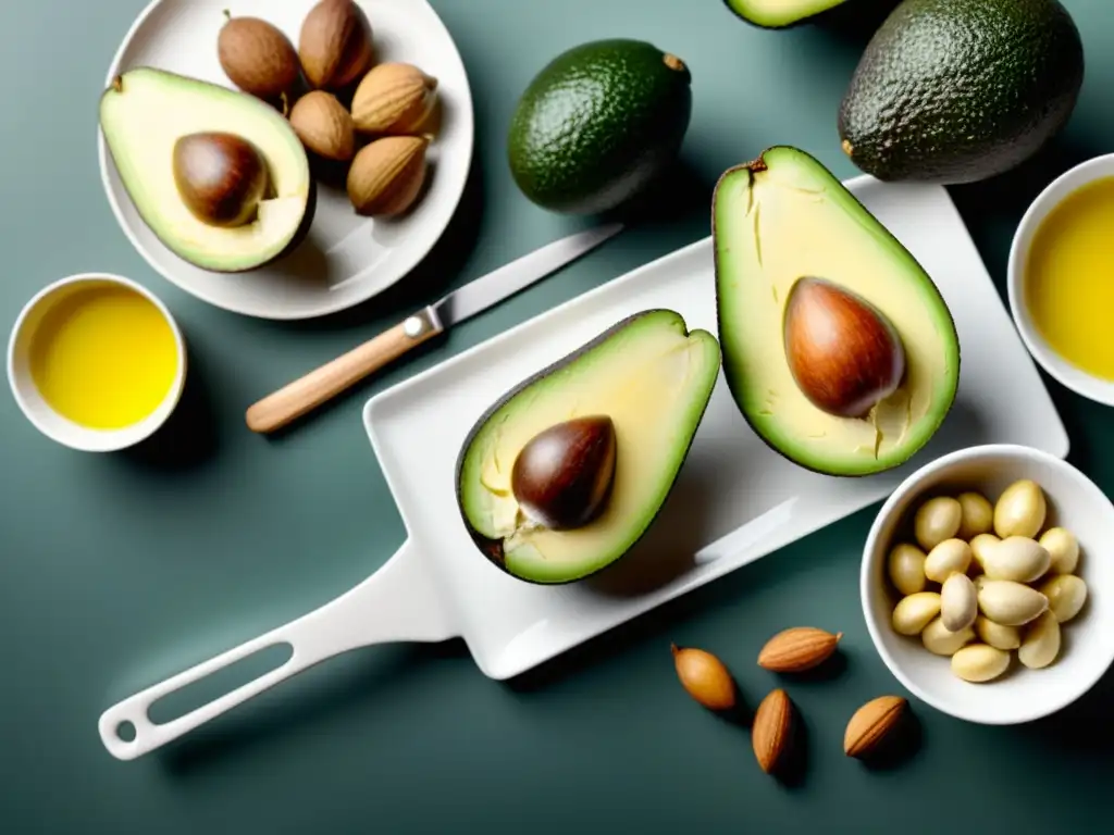 Frescura y color: grasas saludables para una vida plena Una escena vibrante de grasas saludables como aguacates, nueces y aceite de oliva, en una cocina moderna, invitando a la recuperación muscular