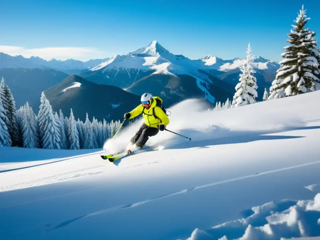 Esquiador surcando la nieve fresca entre pinos altos Un esquiador atraviesa la nieve polvo en una pendiente montañosa, rodeado de altos pinos y un cielo azul claro