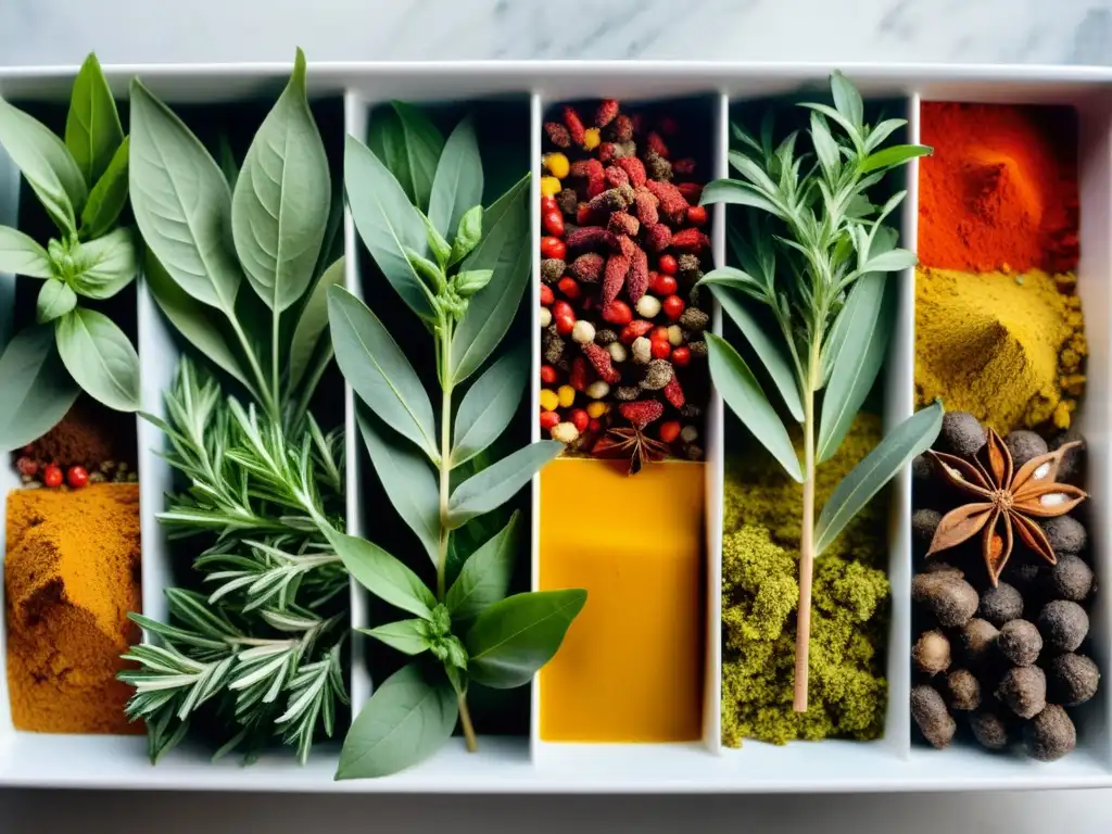 Mezcla de hierbas y especias vibrantes en alta resolución Un estallido de colores y texturas en hierbas y especias recién cosechadas, invitando a apreciar su belleza orgánica