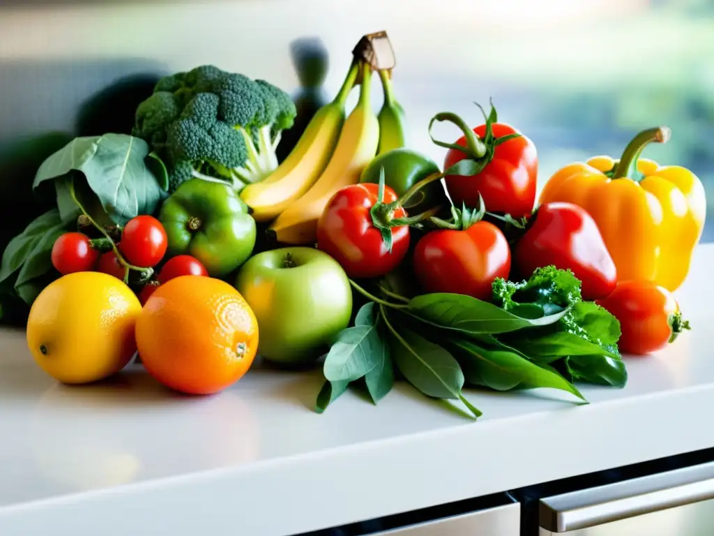 Variedad de Frutas y Verduras Frescas en Cocina Moderna Estrategias nutricionales para control de peso: una selección variada de frutas y verduras frescas y coloridas en una cocina moderna y minimalista