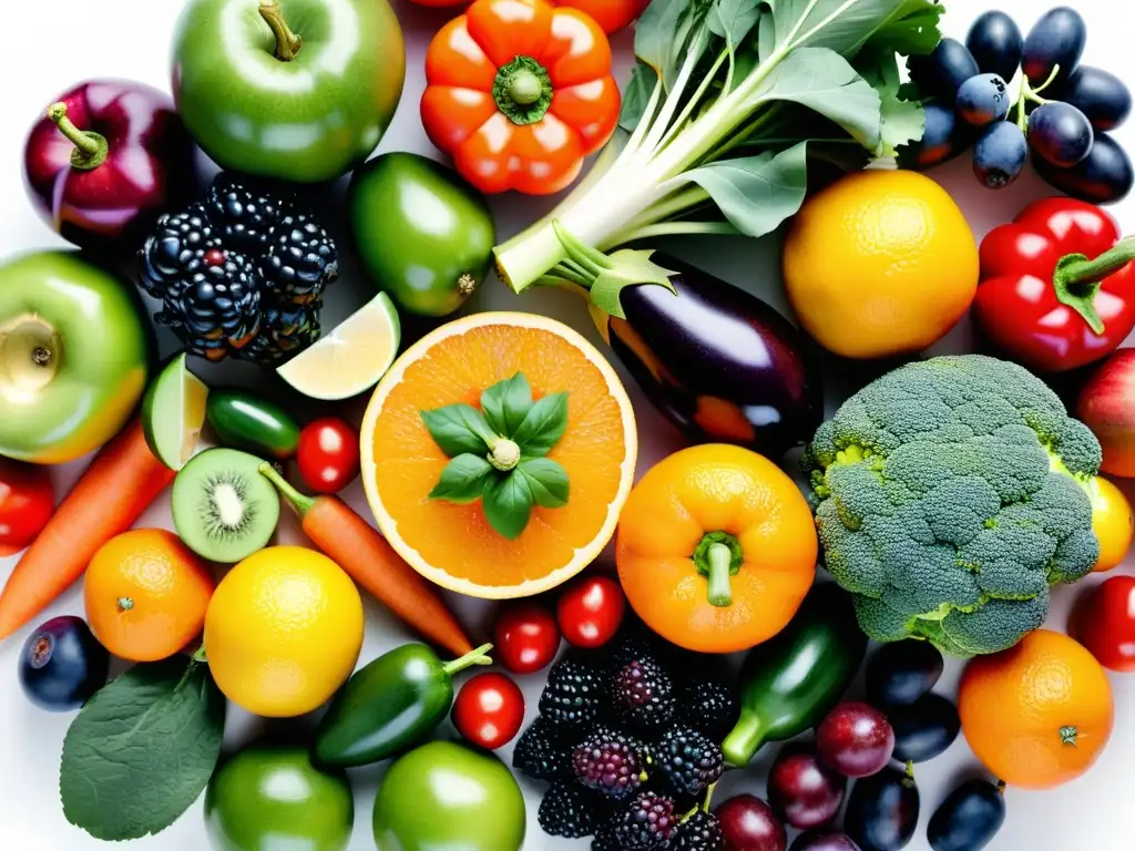Arcoíris de Frutas y Verduras Frescas para Rendimiento Óptimo Una explosión de colores en frutas y verduras frescas, ideales para mejorar concentración deportiva