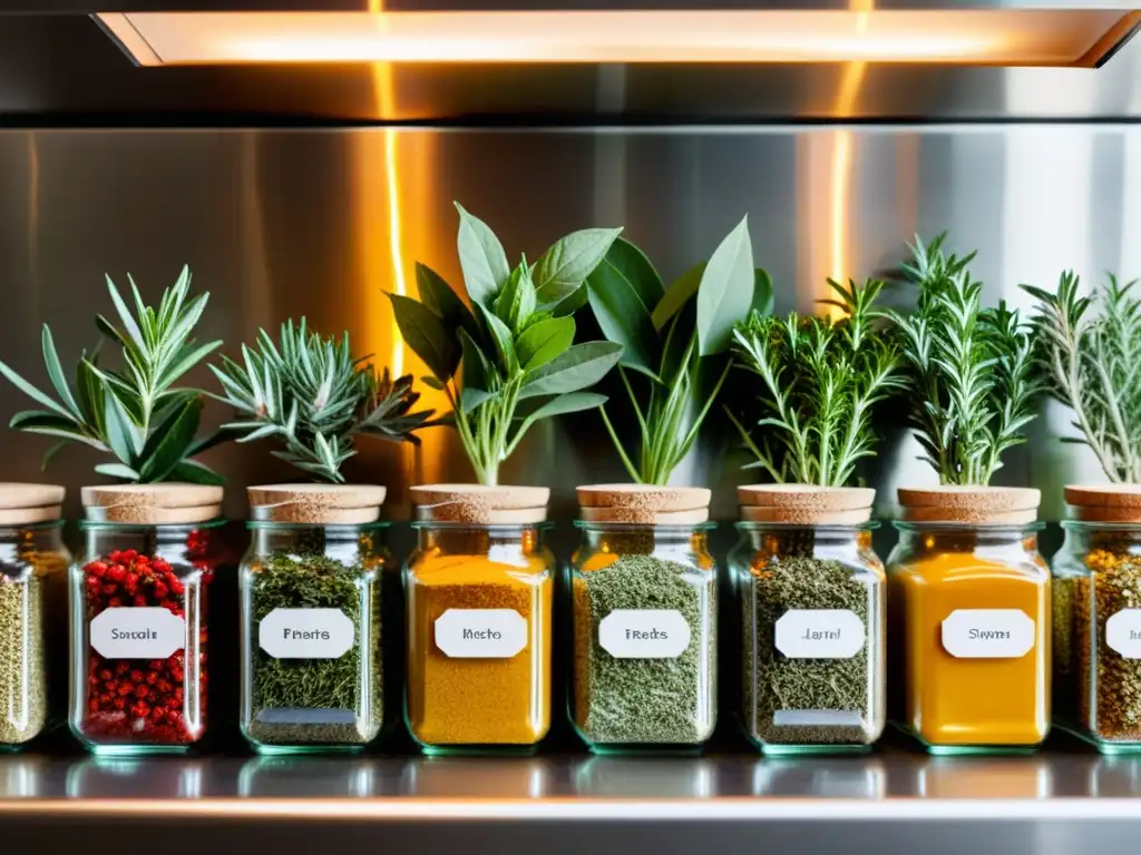 Delicioso y colorido surtido de hierbas y especias en cocina moderna Una exquisita colección de hierbas y especias en un entorno moderno, resaltando los beneficios de hierbas y especias para la salud