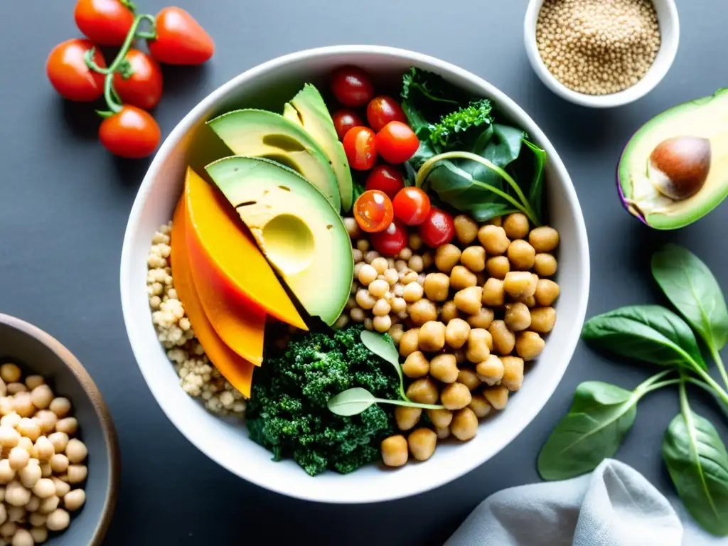 Vibrante bowl vegano con proteínas Una exquisita y colorida bowl de proteínas veganas con ingredientes frescos y nutritivos