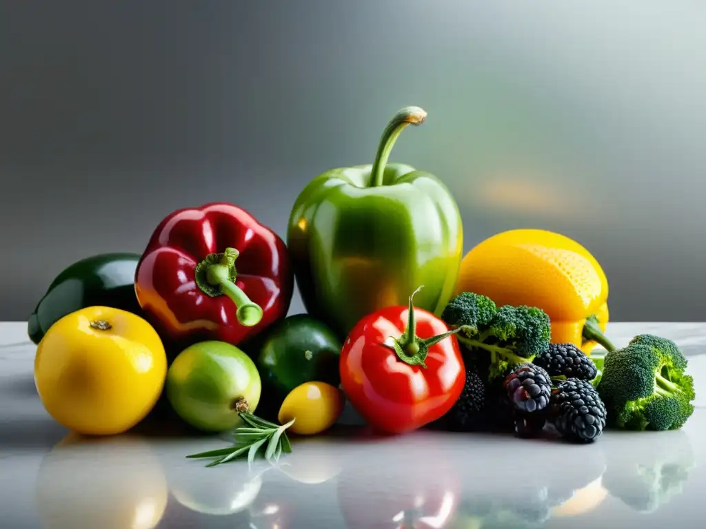 Exquisita selección de frutas y verduras para bodybuilders Una exquisita y colorida variedad de frutas y verduras frescas sobre una elegante encimera de cocina