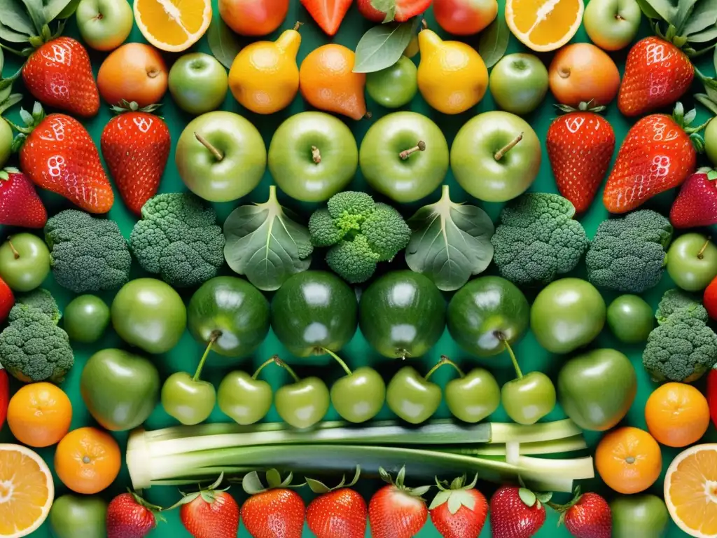 Delicioso Festín de Frutas y Vegetales en Detalle Una exquisita combinación de frutas y vegetales, resaltando la importancia de vitaminas, minerales y rendimiento en el deporte