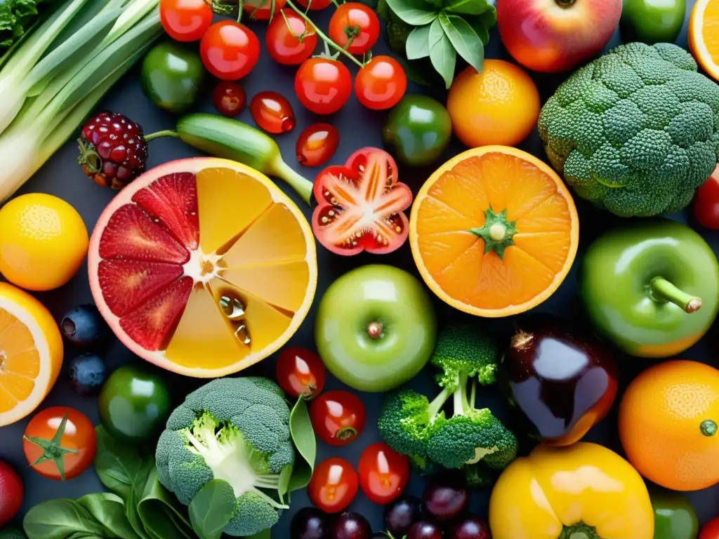 Patrón vibrante de frutas y verduras frescas Una exquisita combinación de frutas y verduras frescas, con gotas de agua resaltando su frescura