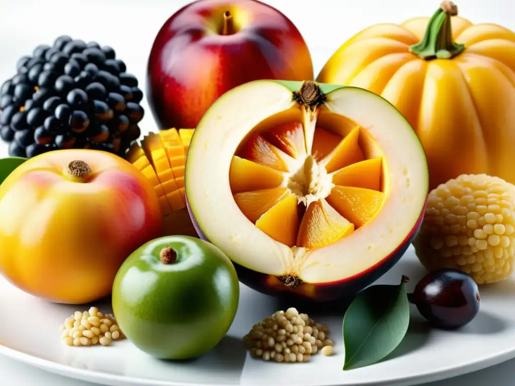 Fibra y Color: Alimentos Saludables en un Plato Una exquisita combinación de frutas, verduras y granos enteros en un elegante plato blanco