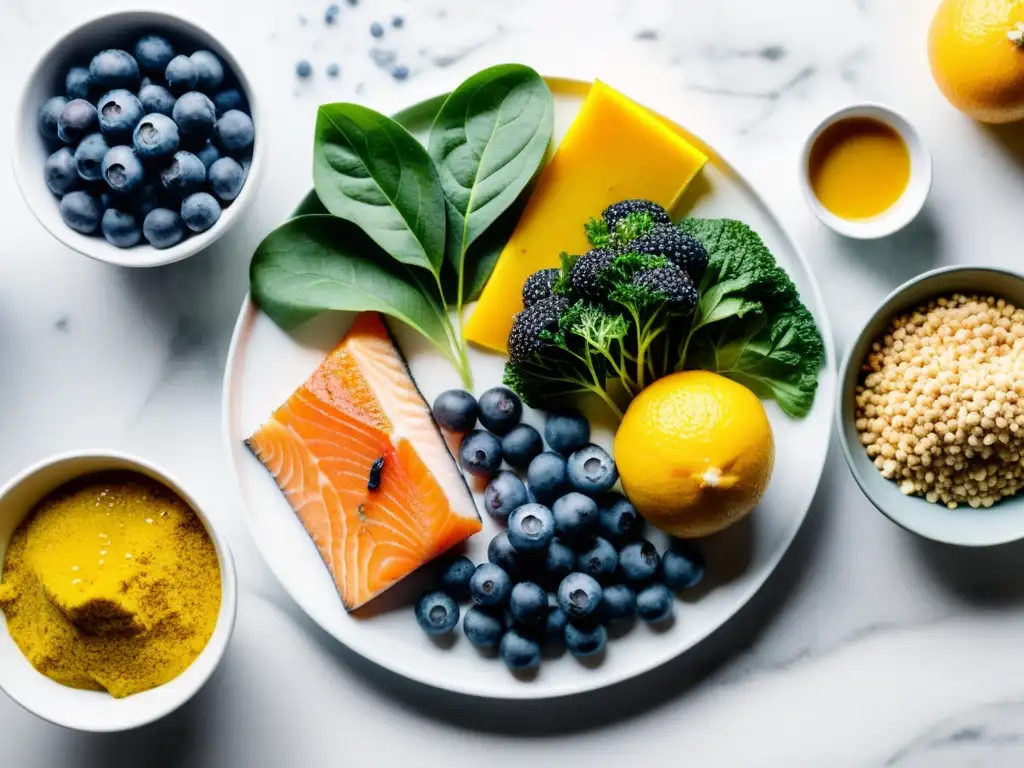 Vibrante selección de alimentos antiinflamatorios Una exquisita composición de alimentos antiinflamatorios para recuperación post-entrenamiento: arándanos, cúrcuma, vegetales verdes, jengibre y salmón, dispuestos de manera vibrante y apetitosa sobre una tabla de mármol blanco
