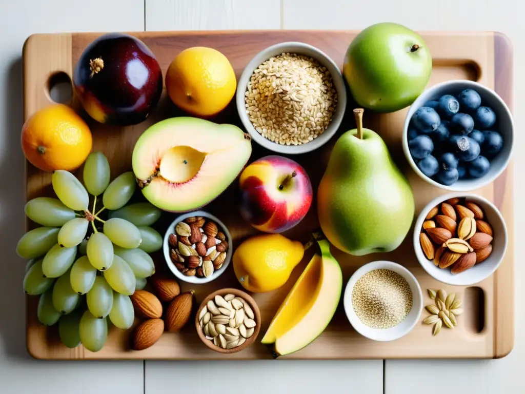 Deliciosa variedad de frutas frescas, nueces y semillas en tabla de madera Una exquisita composición de frutas frescas, frutos secos y semillas sobre tabla de madera