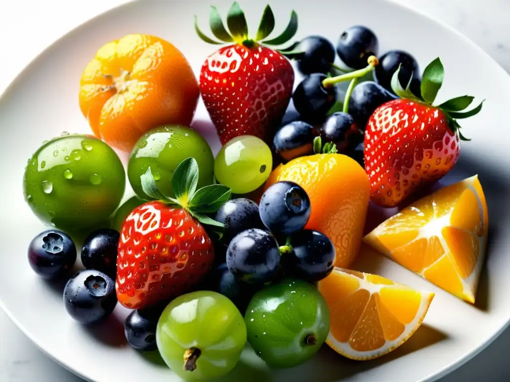Exquisita composición de frutas y verduras frescas en plato blanco Una exquisita composición de frutas y verduras frescas, goteando agua, sobre un plato blanco brillante