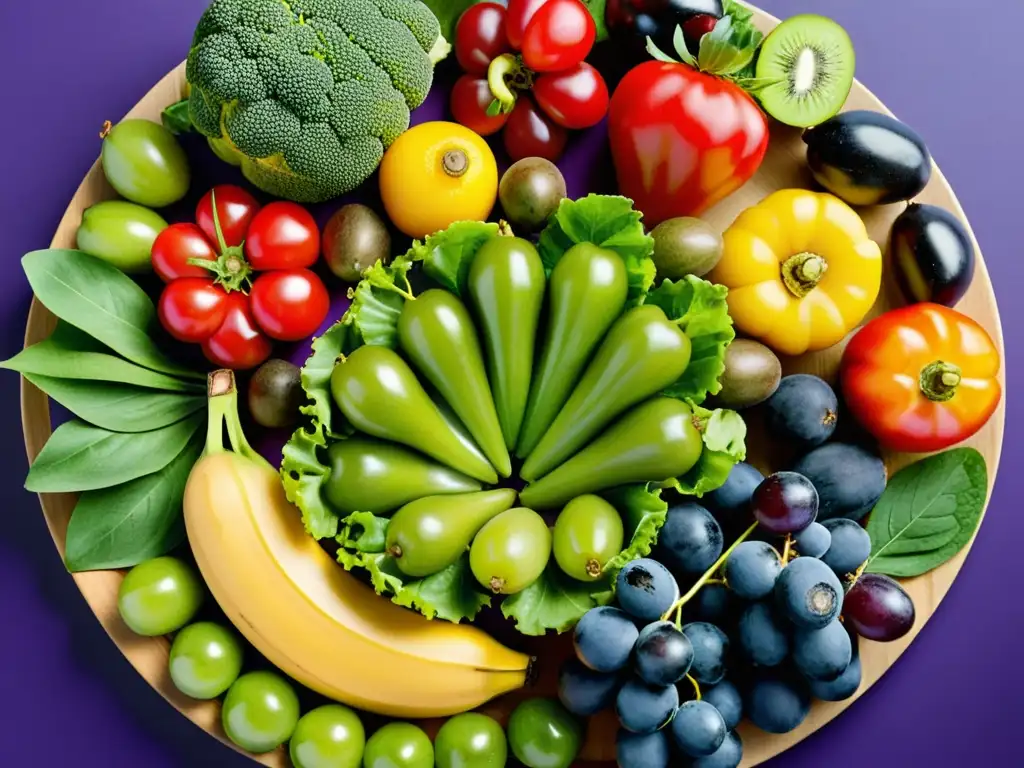 Exquisita exhibición de frutas y verduras frescas de colores vibrantes Una exquisita exhibición de frutas y verduras frescas, resalta la nutrición estratégica para combatir ansiedad precompetitiva