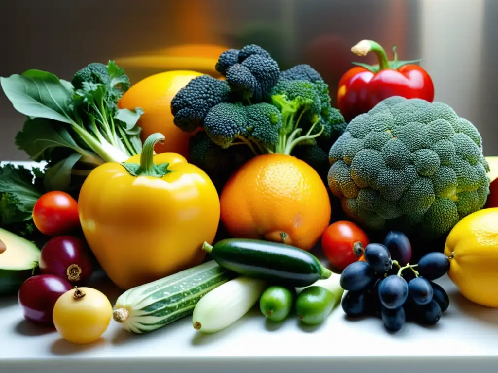 Fibras y Nutrición: Despliegue Vital en la Cocina Una exquisita exhibición de frutas y verduras coloridas y nutritivas en una cocina moderna