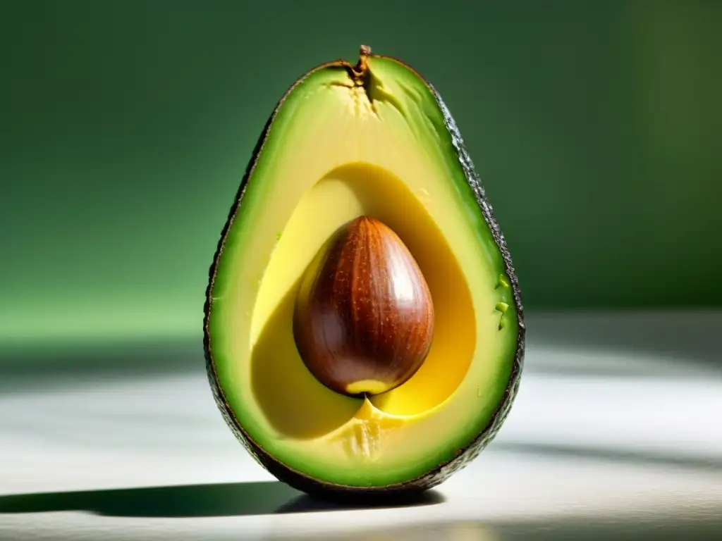 Exquisita belleza verde del aguacate maduro Una exquisita imagen detallada de un aguacate maduro y jugoso, con su pulpa verde y brillante, bajo una suave luz natural