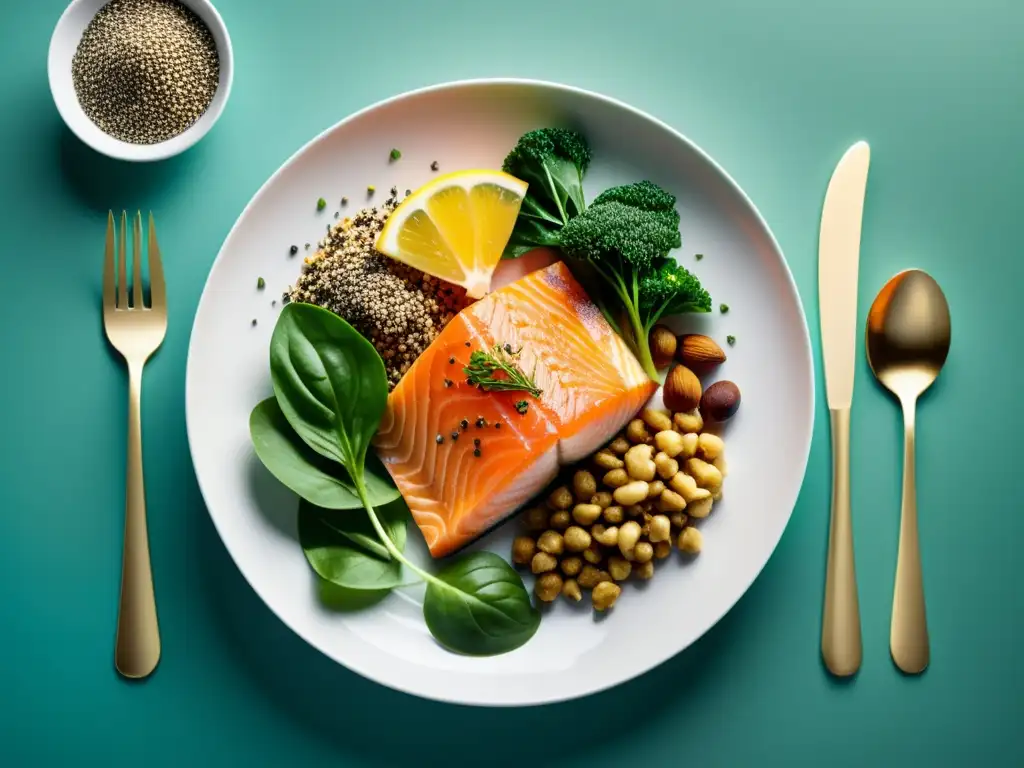 Una exquisita presentación de alimentos ricos en Omega 3 para recuperación muscular, con colores vibrantes y una estética profesional